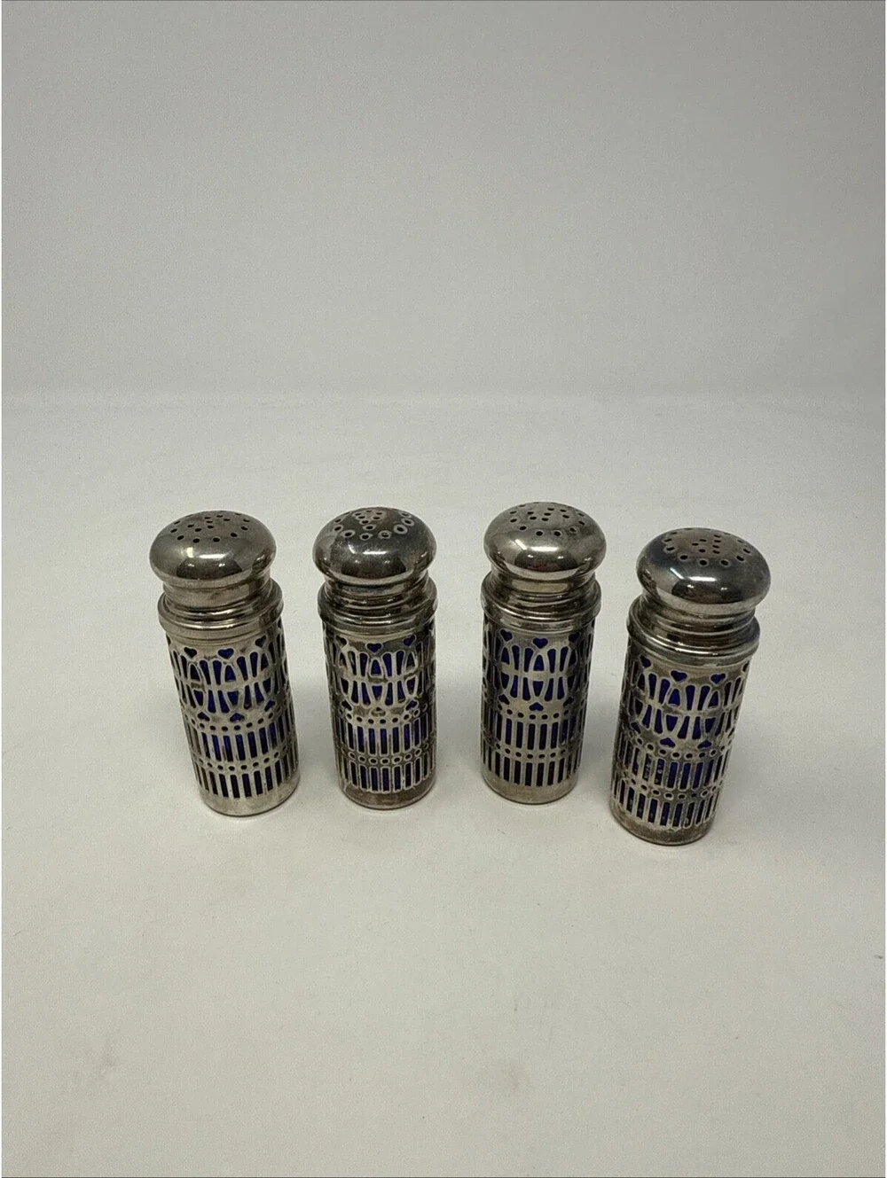 VINTAGE GODINGERS SILVER PLATE COBALT BLUE SALT & PEPPER SHAKERS 2.75